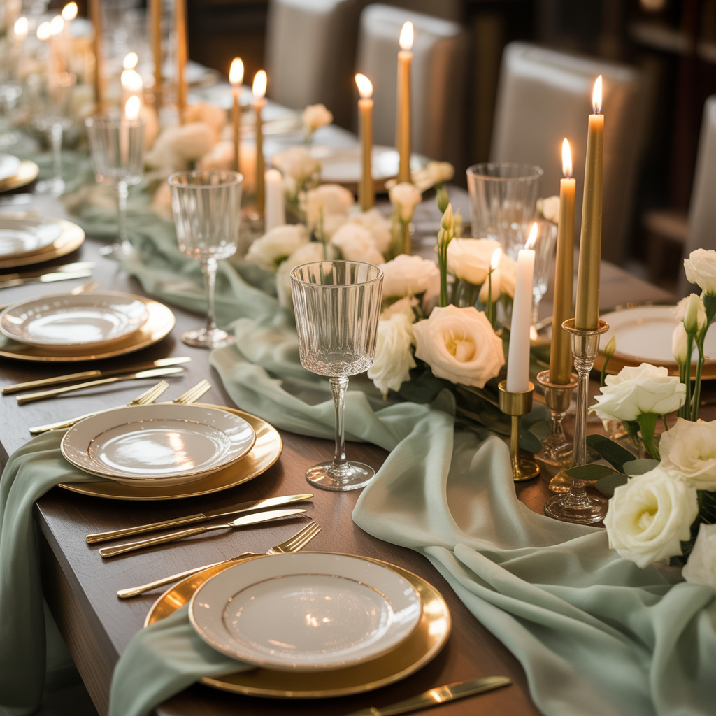 Elegant Wedding Table in Sage Green and Gold
