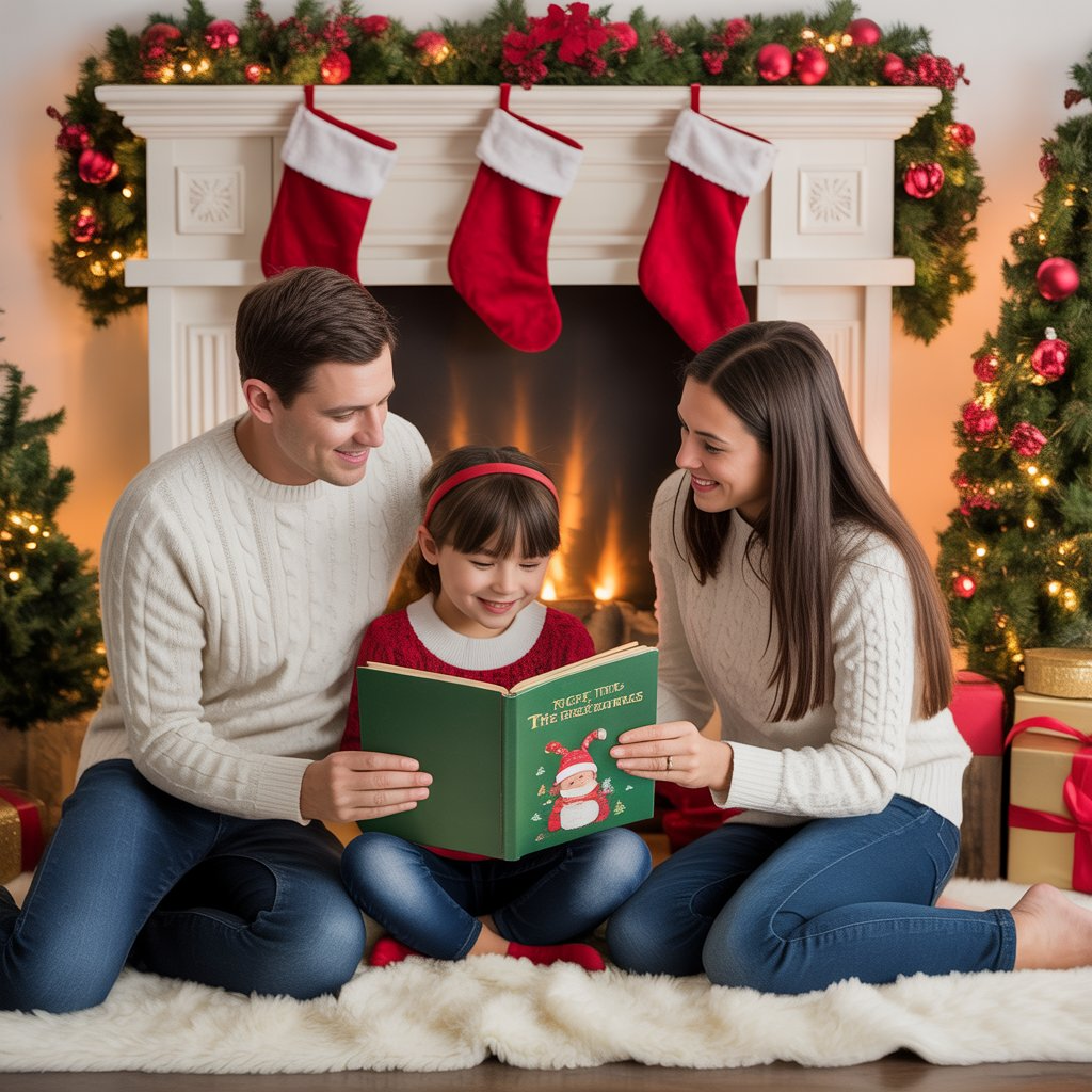 Christmas Mini Session Indoor Photoshoots : 20 Heartwarming Concepts for Magical Holiday Memories 12 Family Reading by the Fireplace