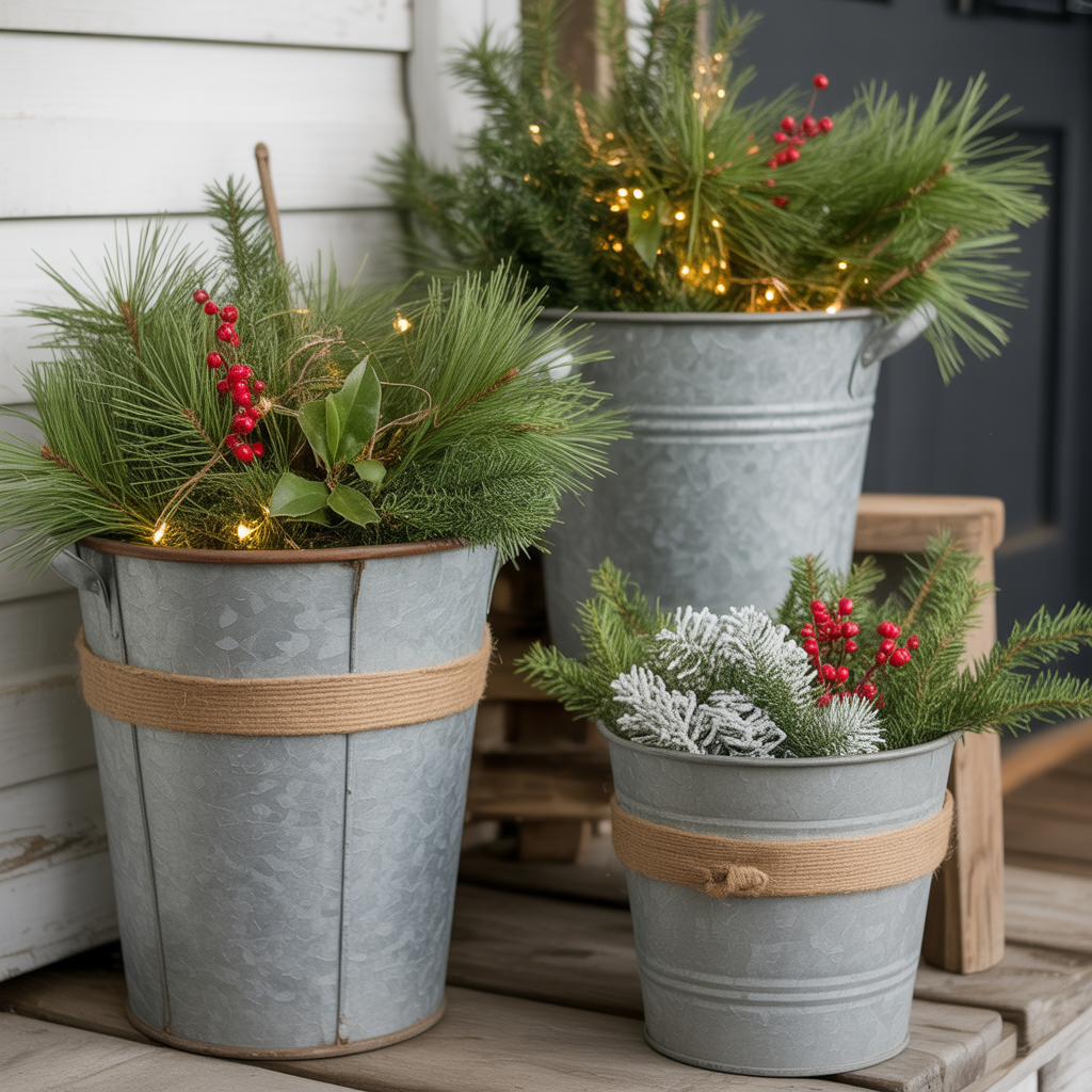 Galvanized Buckets Filled with Christmas Greens
