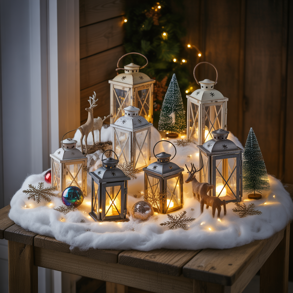Christmas Lanterns :20 Magical Ways to Illuminate Your Holiday Decor 10 Lanterns and Faux Snow Display
