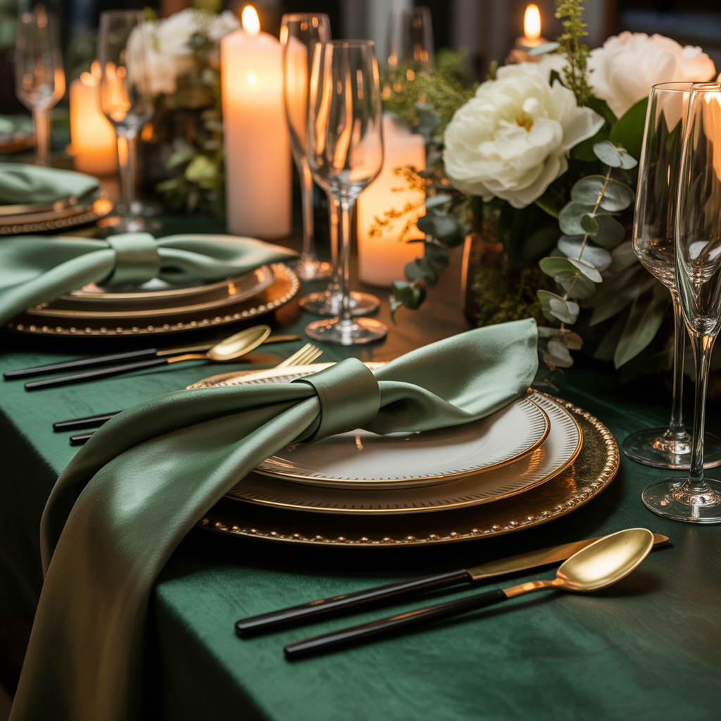 Luxurious Dinner Setting with Velvet and Sage