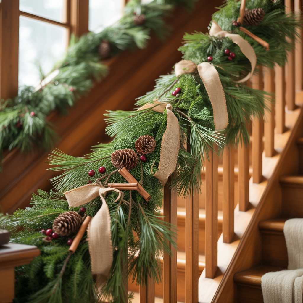 Rustic Cabin Christmas Decor :20 Ideas to Create a Warm and Magical Holiday Retreat 13 Natural Garland for Staircases