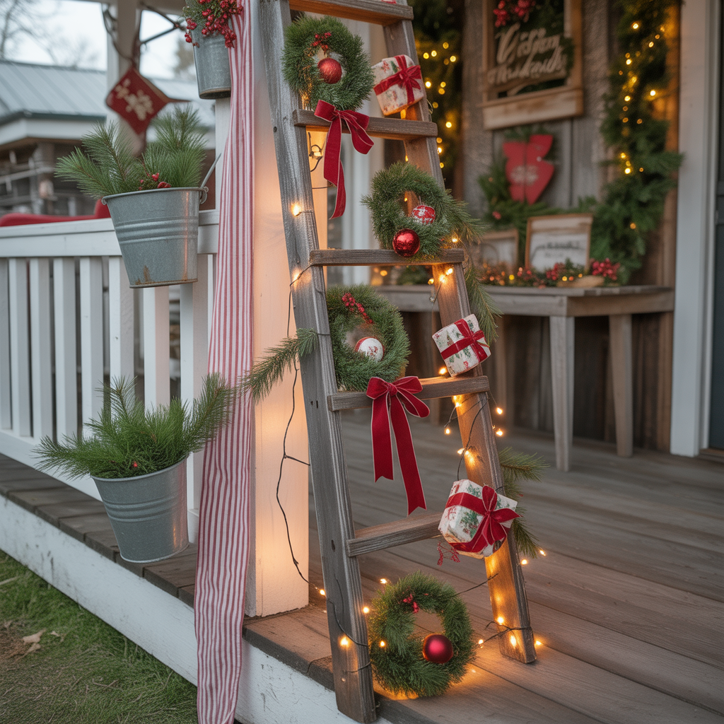 Repurposed Ladder as a Festive Display