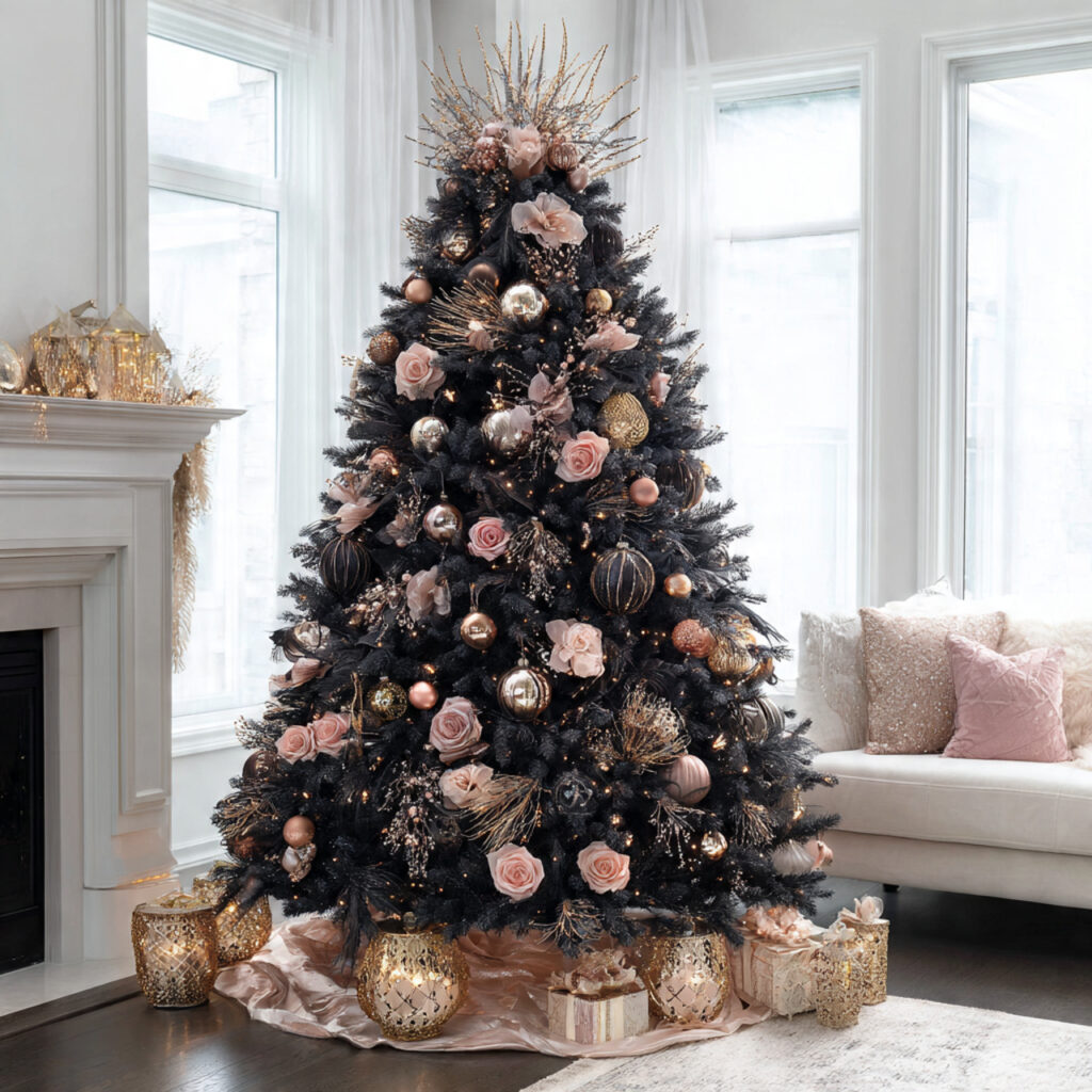 black christmas tree adorned with champagne tone ornaments