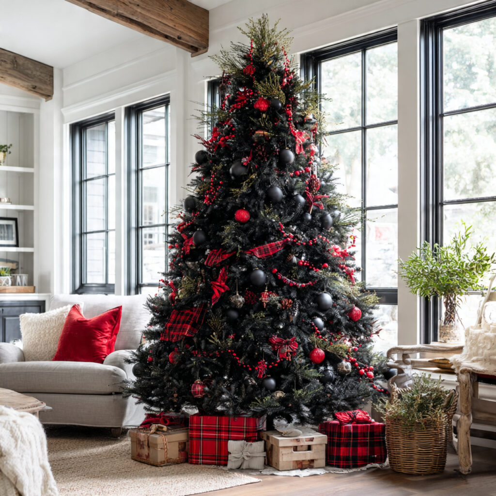 black christmas tree decorated with classic red