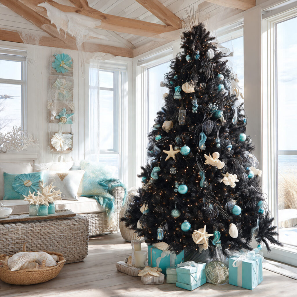 black christmas tree decorated with teal and