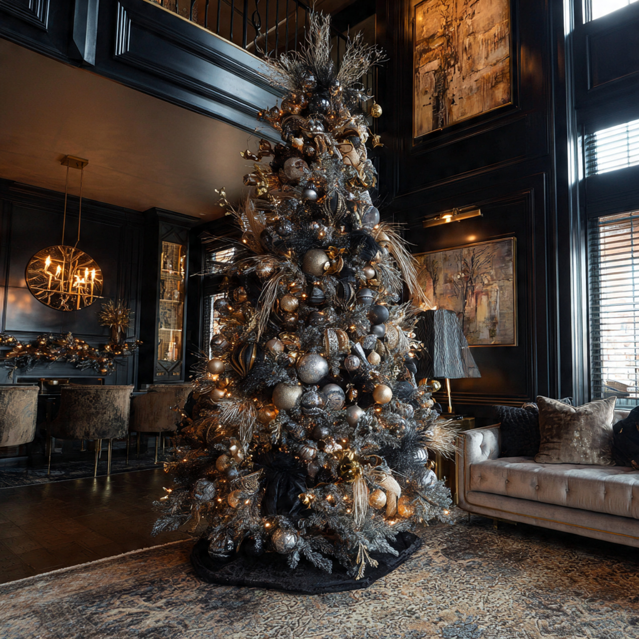 black christmas tree loaded with silver gold