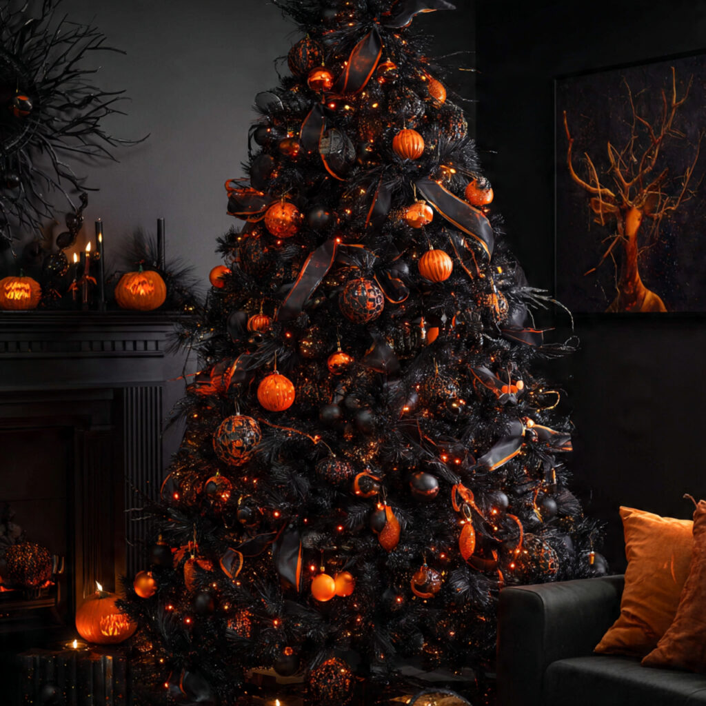 black christmas tree with bold orange ornaments