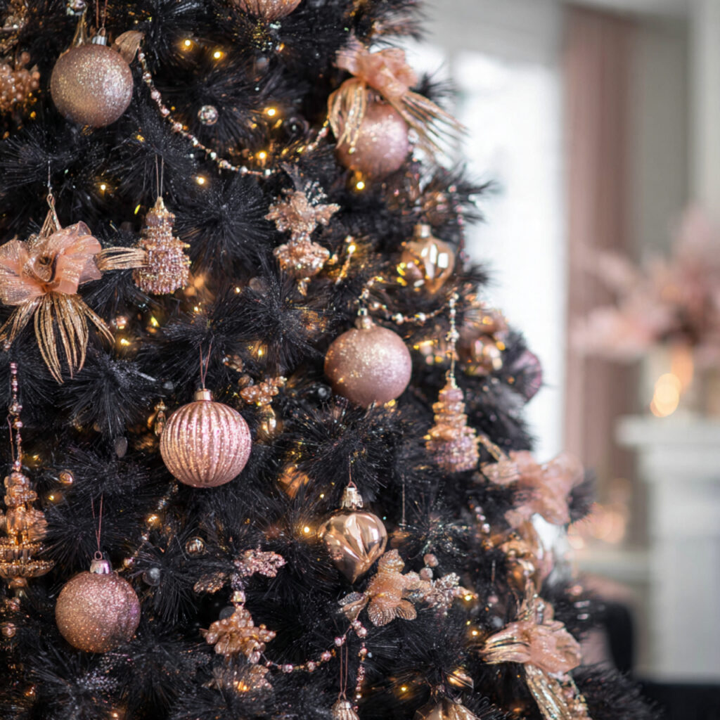 black christmas tree with rose gold ornaments