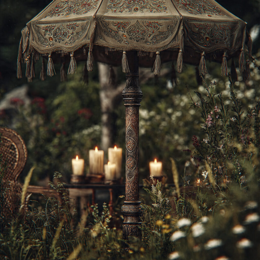 Boho Umbrella With Wooden Carved Pole for Cultural Richness