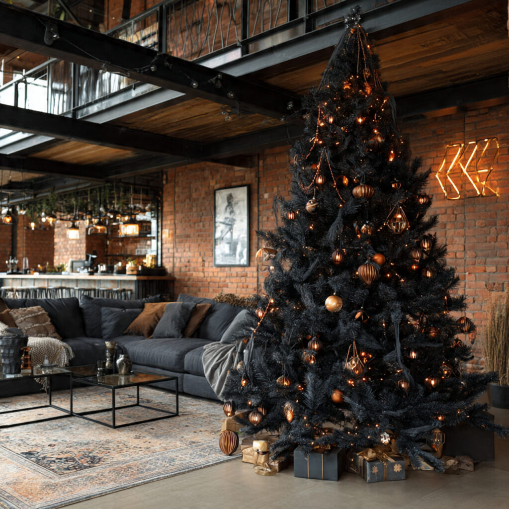industrial style black christmas tree with copper ornaments