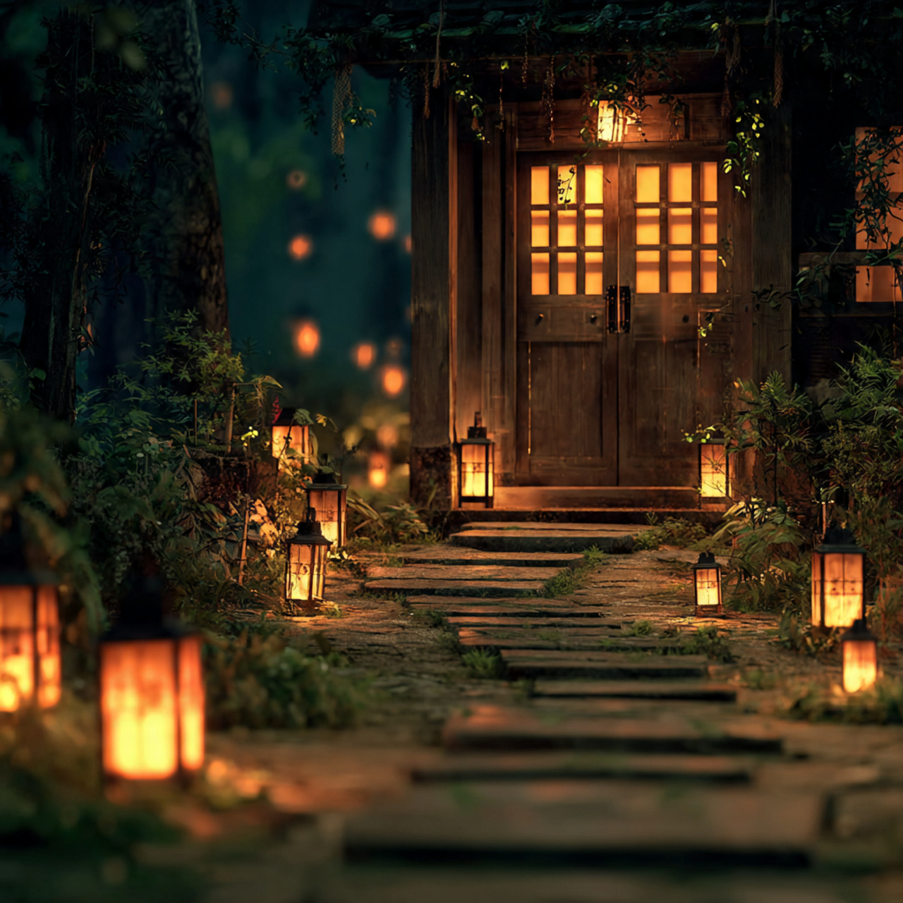 lantern pathway leading to the door image 4k