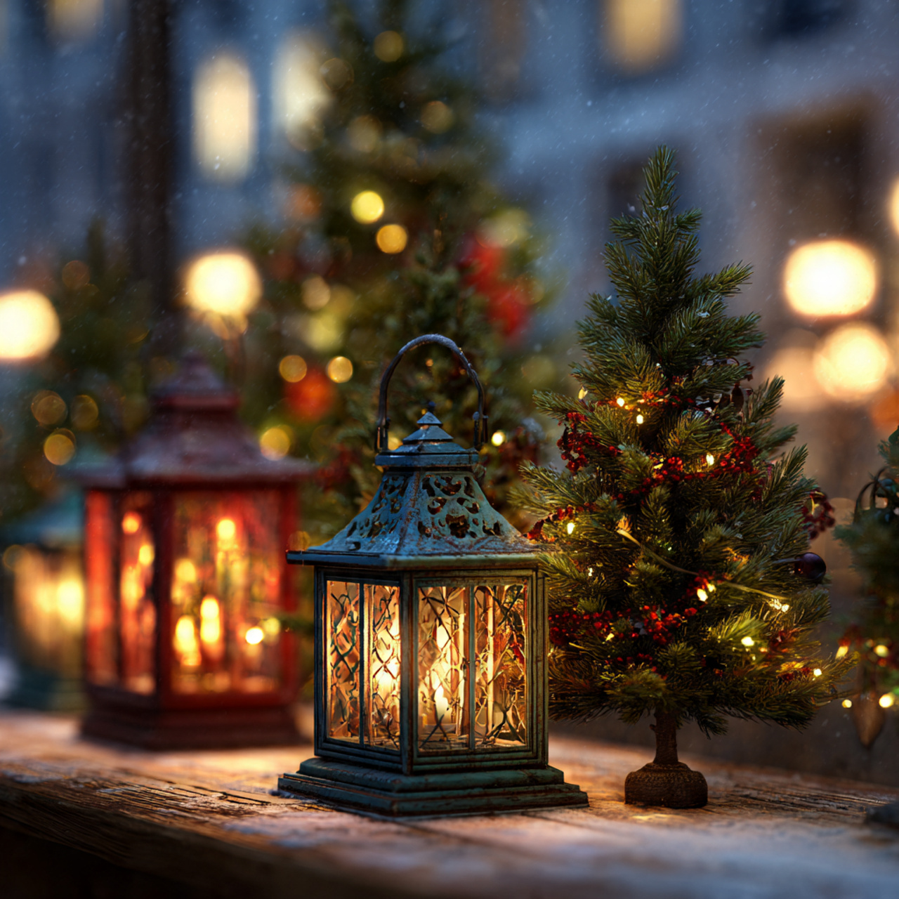 lanterns paired with mini christmas trees 4k