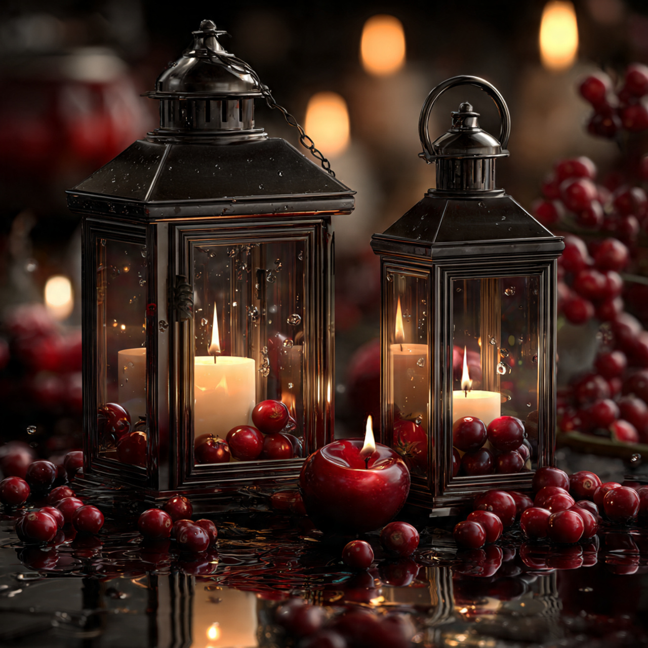 lanterns with cranberries and floating candles ima