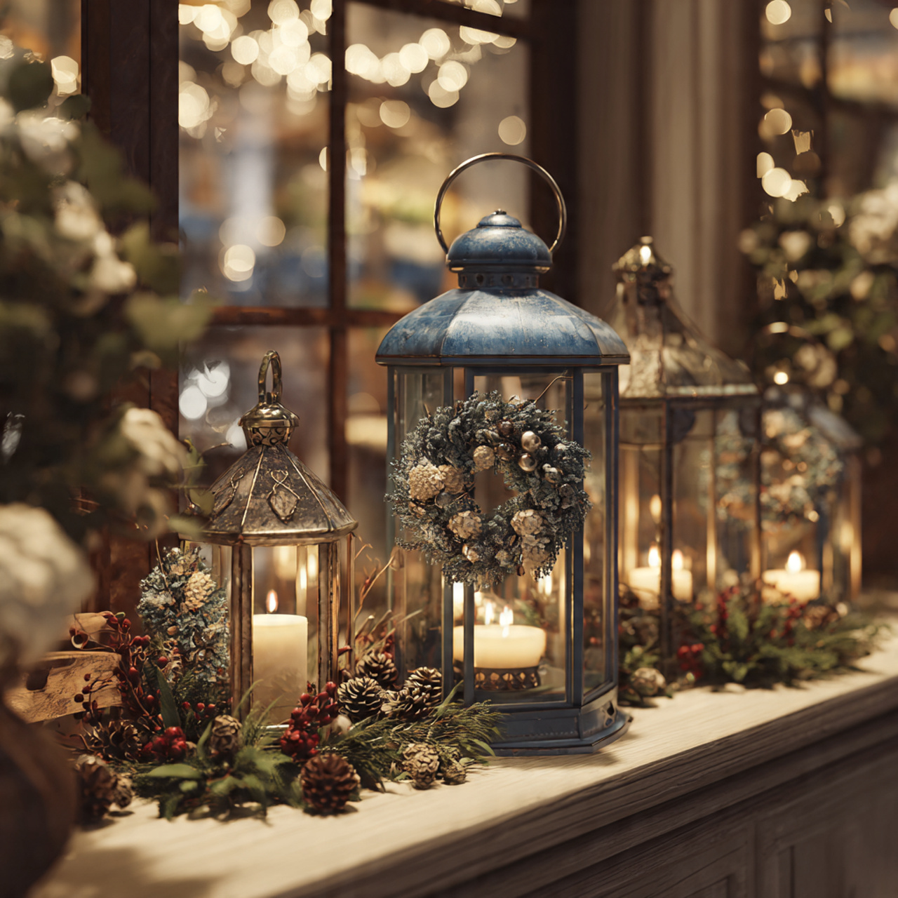 lanterns with mini wreath accents image 4k 1