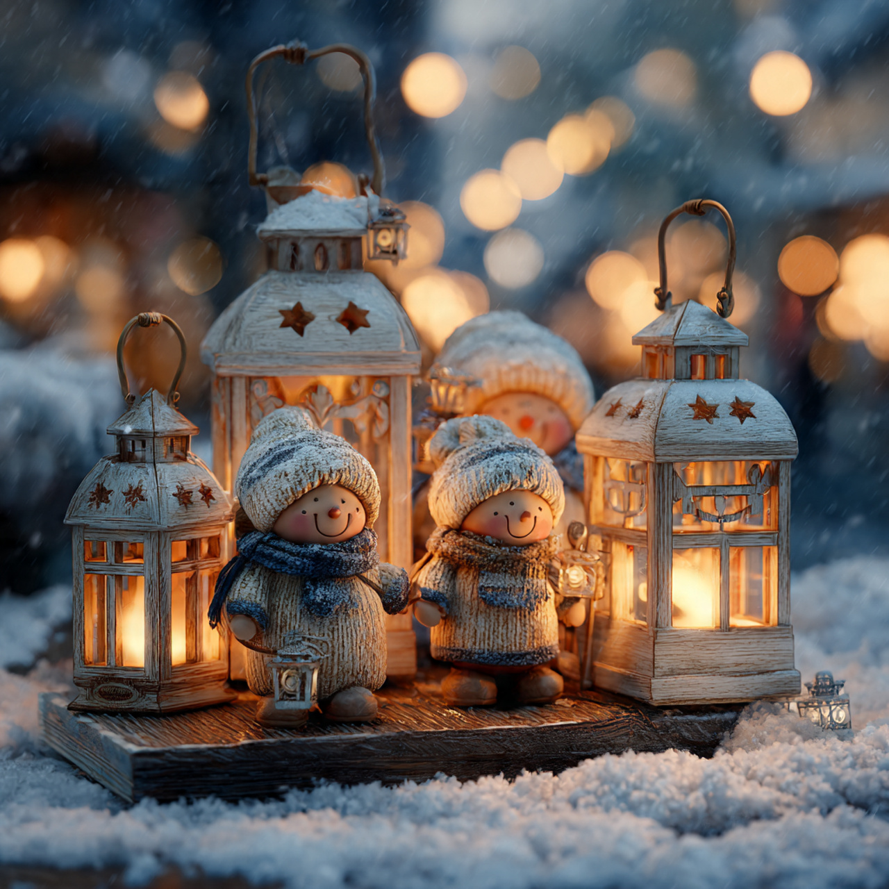 lanterns with winter figurines image 4k