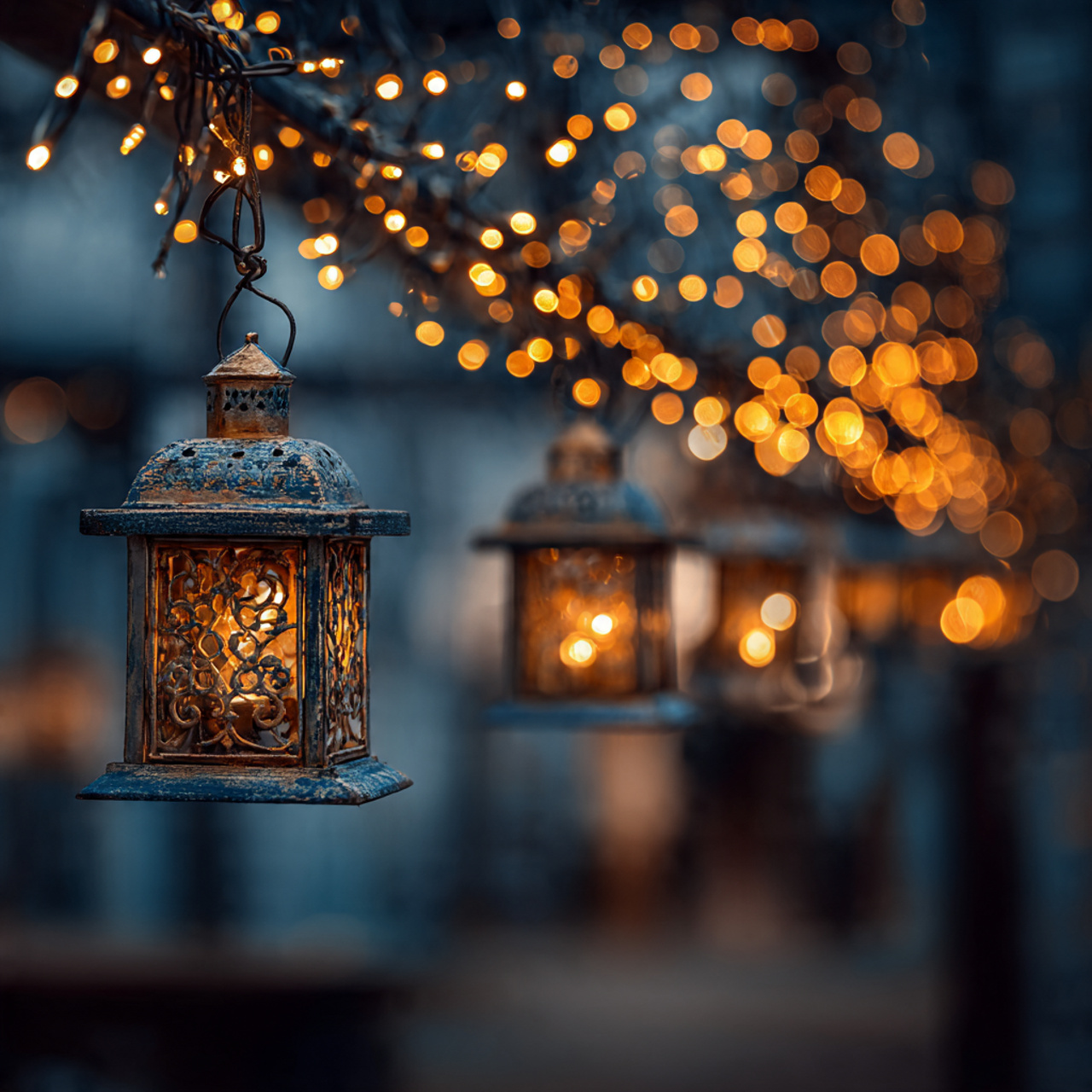 lanterns wrapped in twinkle lights image in 4k